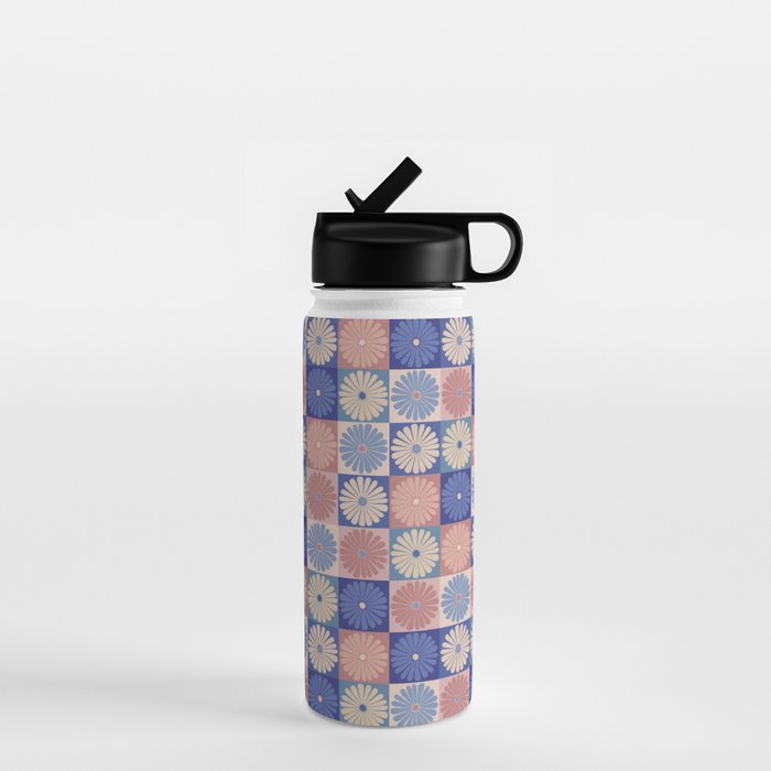 Retro Flowers Check Pattern XIII Water Bottle Gallery Image 1
