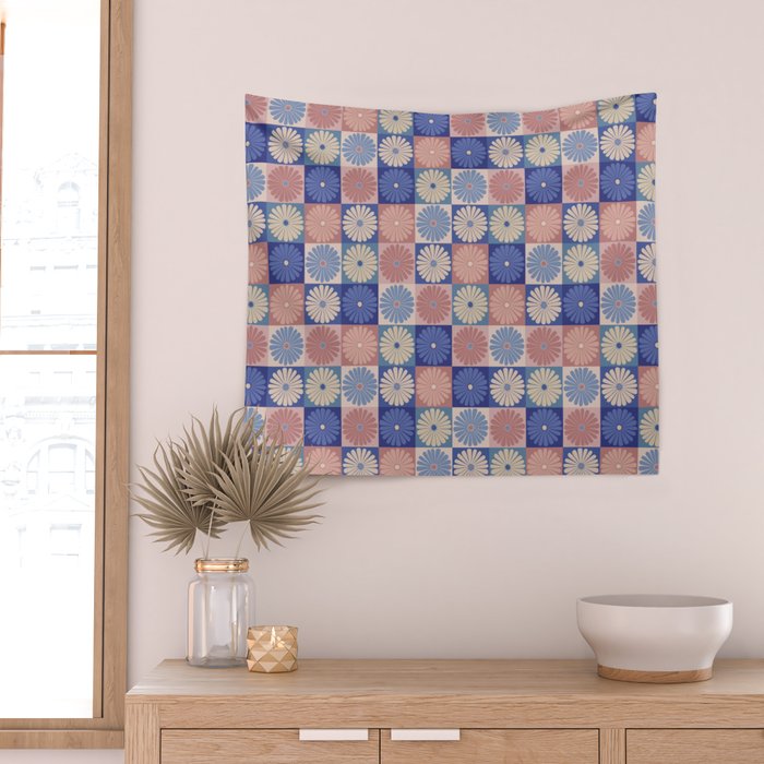 Retro Flowers Check Pattern XIII Wall Tapestry Gallery Image 2