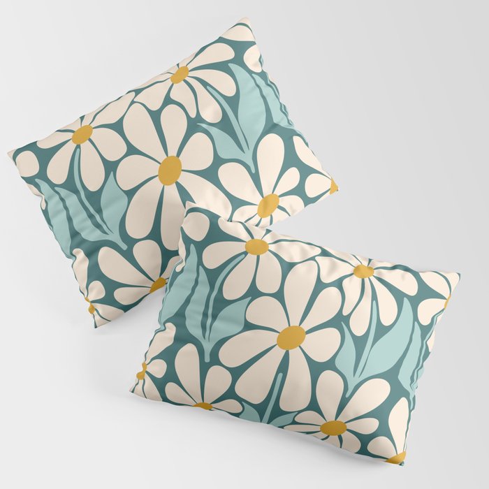 Oh, Daisy! Teal, off-white, yellow Pillow Sham Gallery Image 1