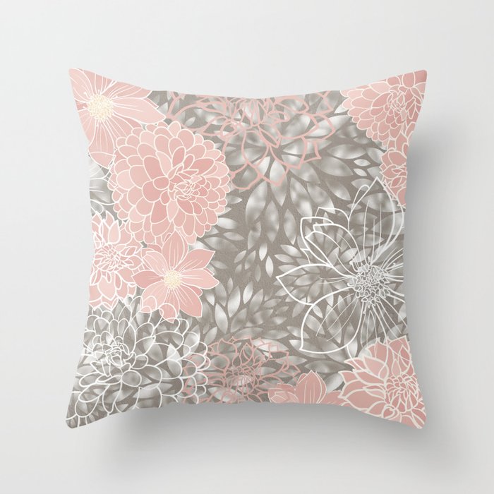 Floral Dahlias, Blush Pink, Gray, White Throw Pillow Gallery Image 1
