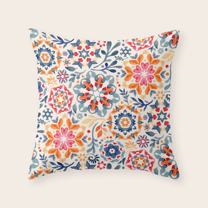 Watercolor Kaleidoscope Floral - desaturated Throw Pillow Gallery Image 1