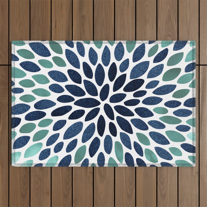Modern, Blue and Green, Floral Bloom, Botanical Pattern Outdoor Rug Gallery Image 1
