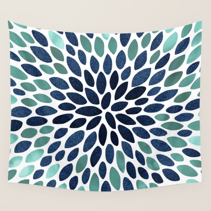 Modern, Blue and Green, Floral Bloom, Botanical Pattern Wall Tapestry Gallery Image 4