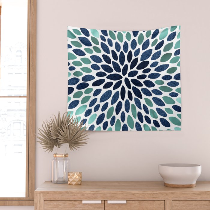 Modern, Blue and Green, Floral Bloom, Botanical Pattern Wall Tapestry Gallery Image 2