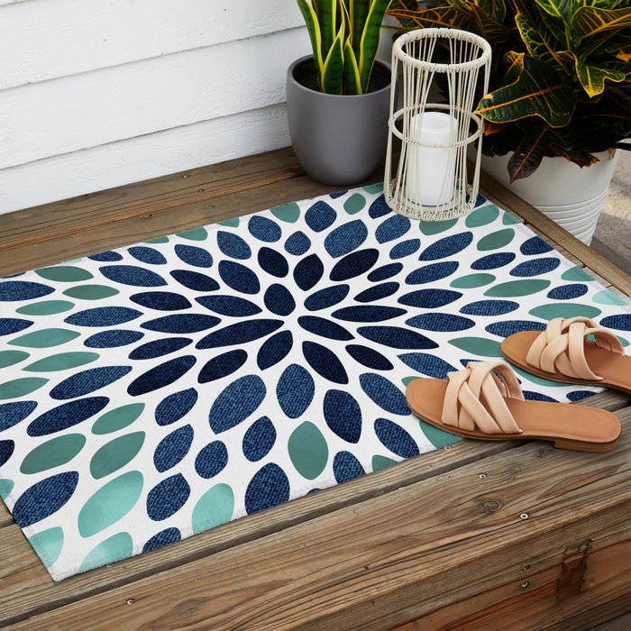 Modern, Blue and Green, Floral Bloom, Botanical Pattern Outdoor Rug Gallery Image 2