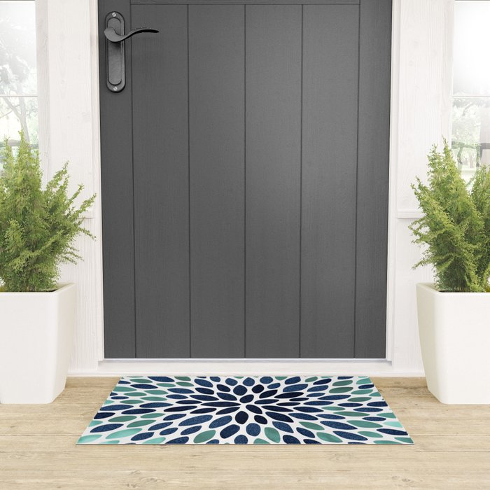 Modern, Blue and Green, Floral Bloom, Botanical Pattern Welcome Mat Gallery Image 3