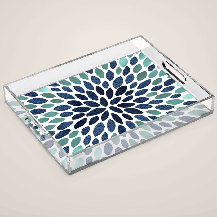 Modern, Blue and Green, Floral Bloom, Botanical Pattern Acrylic Tray Gallery Image 1