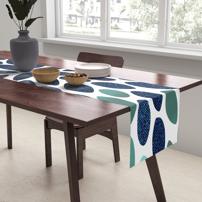 Modern, Blue and Green, Floral Bloom, Botanical Pattern Table Runner Gallery Image 2
