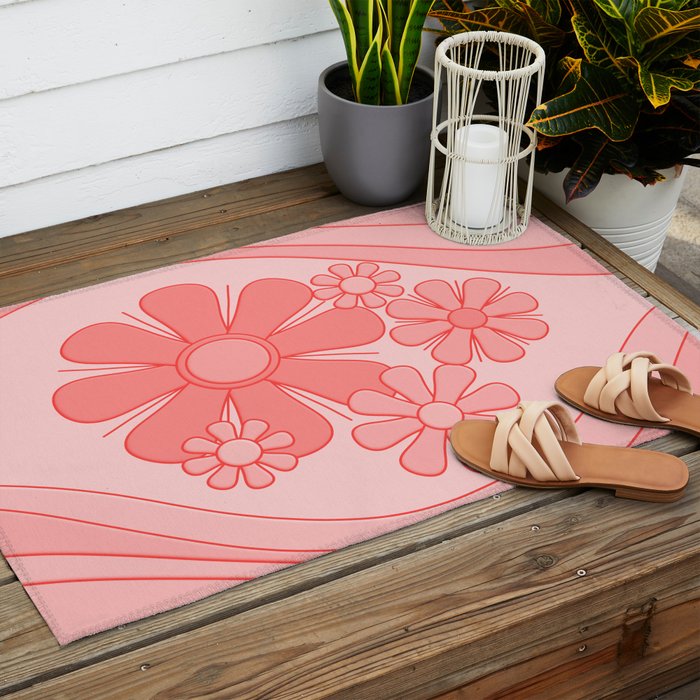 Groovy Floral Daydream Retro 60s 70s Flowers Pretty Pastel Blush Pink Outdoor Rug Gallery Image 2