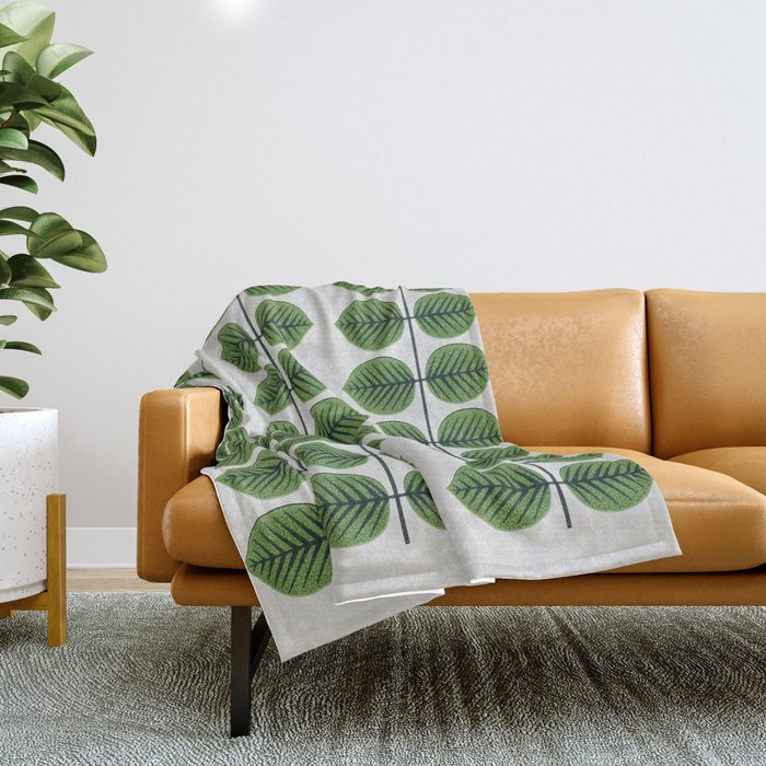 Green Leaves - Vintage Midcentury Modern Botanical Pattern Throw Blanket Gallery Image 1