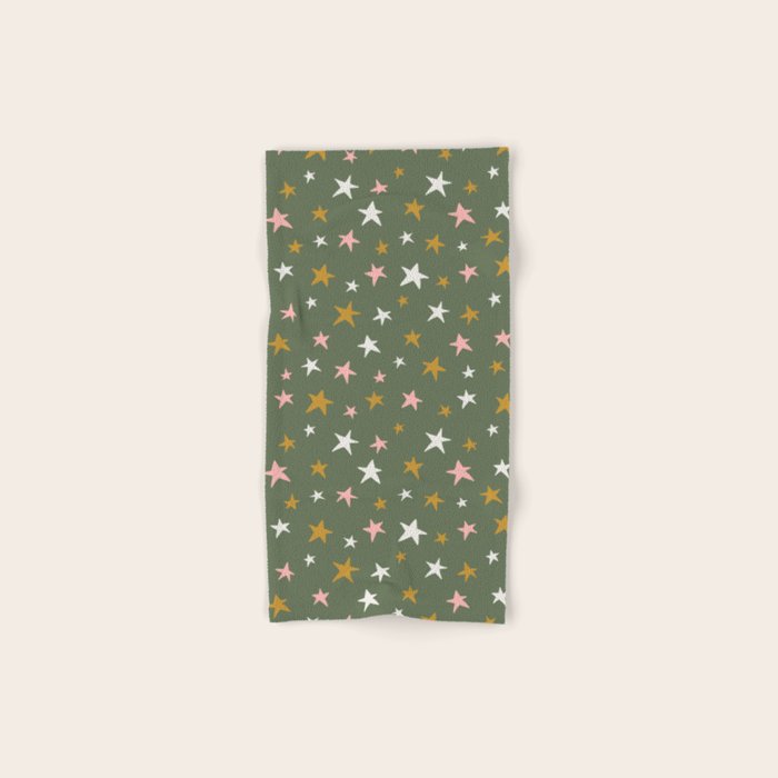 Stars Gold Cream Pink On Muted Green Bath Towel Gallery Image 1