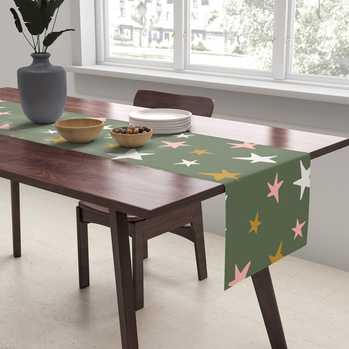 Stars Gold Cream Pink On Muted Green Table Runner Gallery Image 2