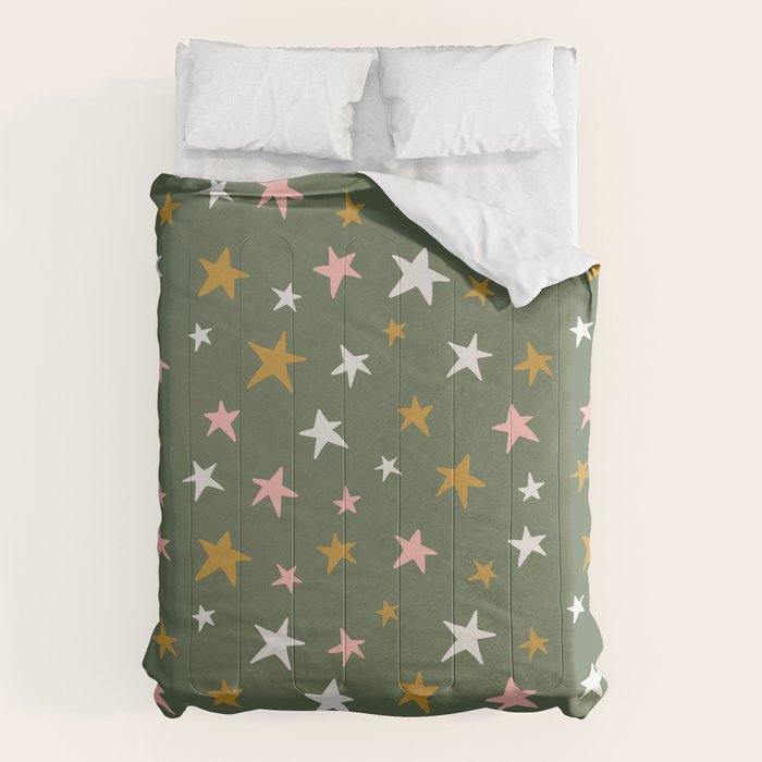 Stars Gold Cream Pink On Muted Green Comforter Gallery Image 6