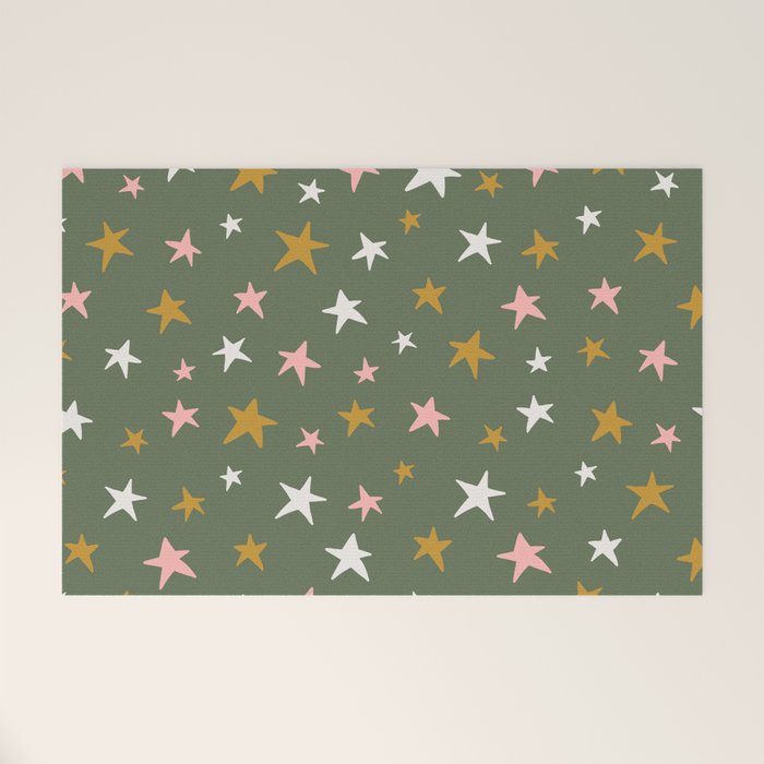 Stars Gold Cream Pink On Muted Green Welcome Mat Gallery Image 1