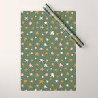 Stars Gold Cream Pink On Muted Green Wrapping Paper Gallery Image 1