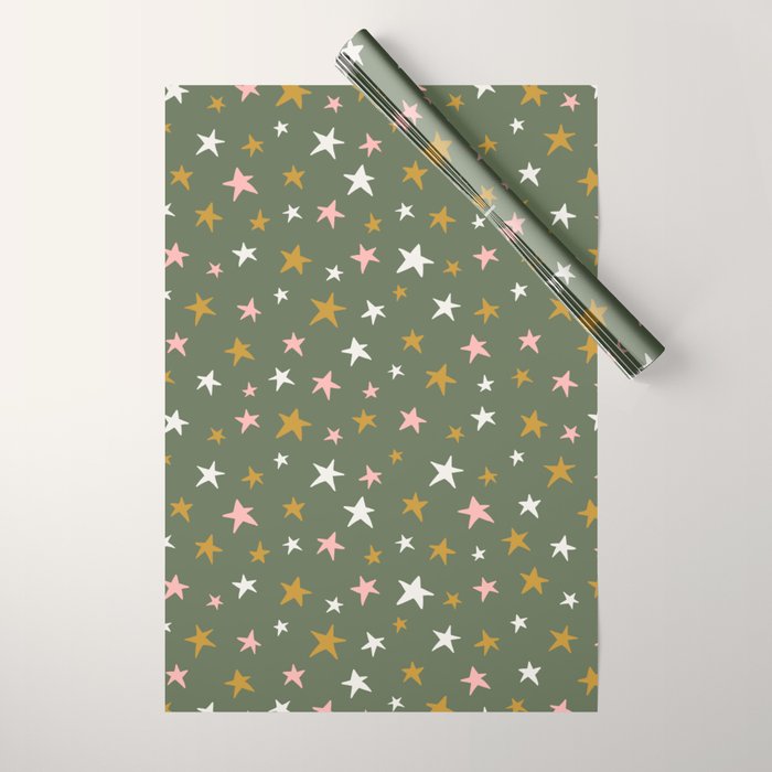 Stars Gold Cream Pink On Muted Green Wrapping Paper Gallery Image 1