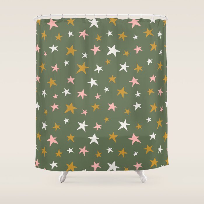 Stars Gold Cream Pink On Muted Green Shower Curtain Gallery Image 1