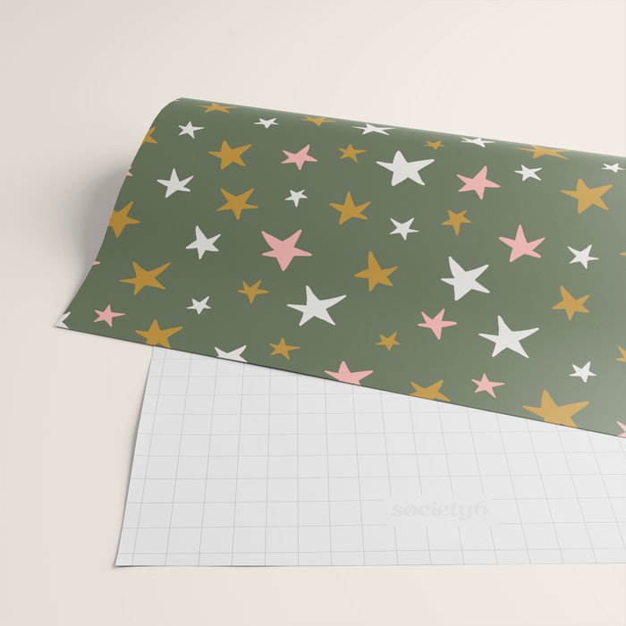 Stars Gold Cream Pink On Muted Green Wrapping Paper Gallery Image 2