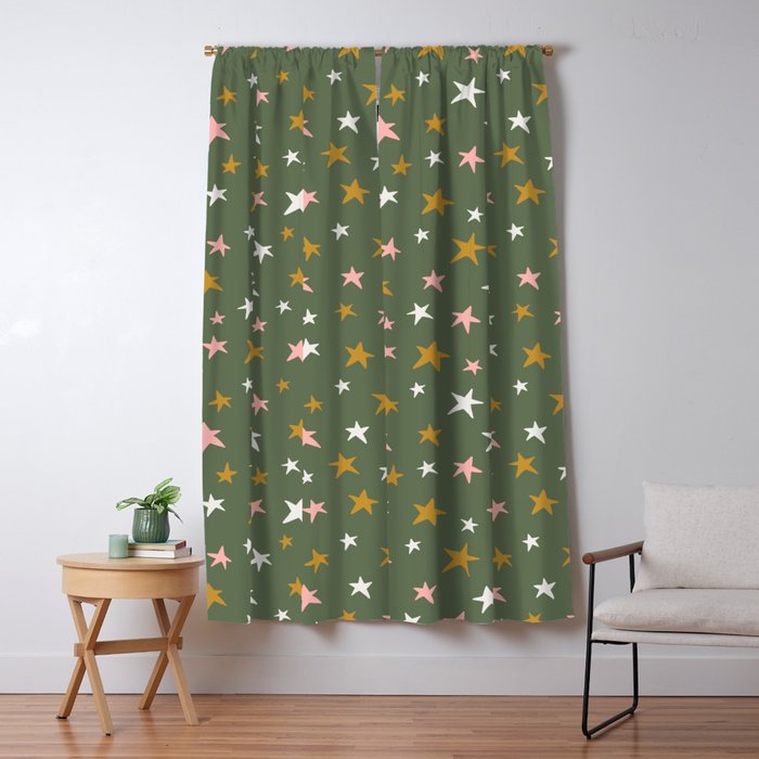 Stars Gold Cream Pink On Muted Green Window Curtain Gallery Image 5