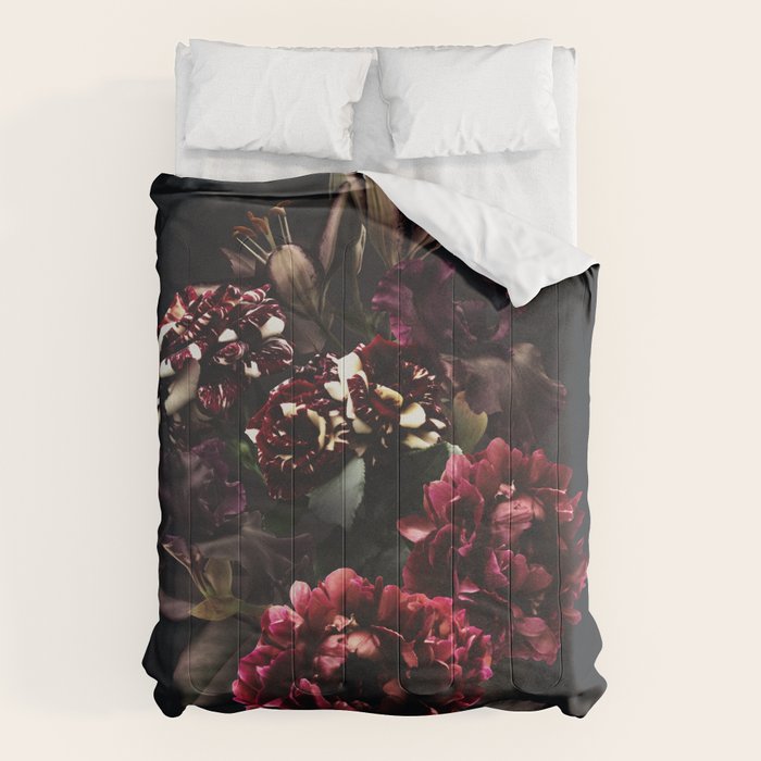 Midnight garden. Vintage bouquet of roses, dark red peony and iris. Comforter Gallery Image 1