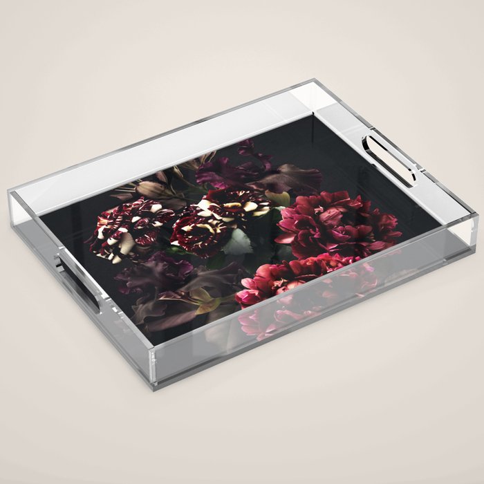 Midnight garden. Vintage bouquet of roses, dark red peony and iris. Acrylic Tray Gallery Image 1