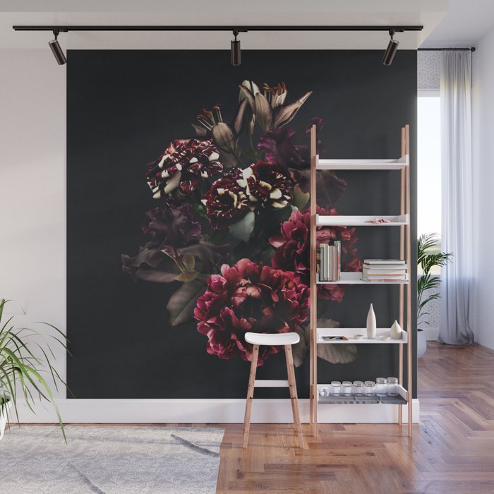 Midnight garden. Vintage bouquet of roses, dark red peony and iris. Wall Mural Gallery Image 1