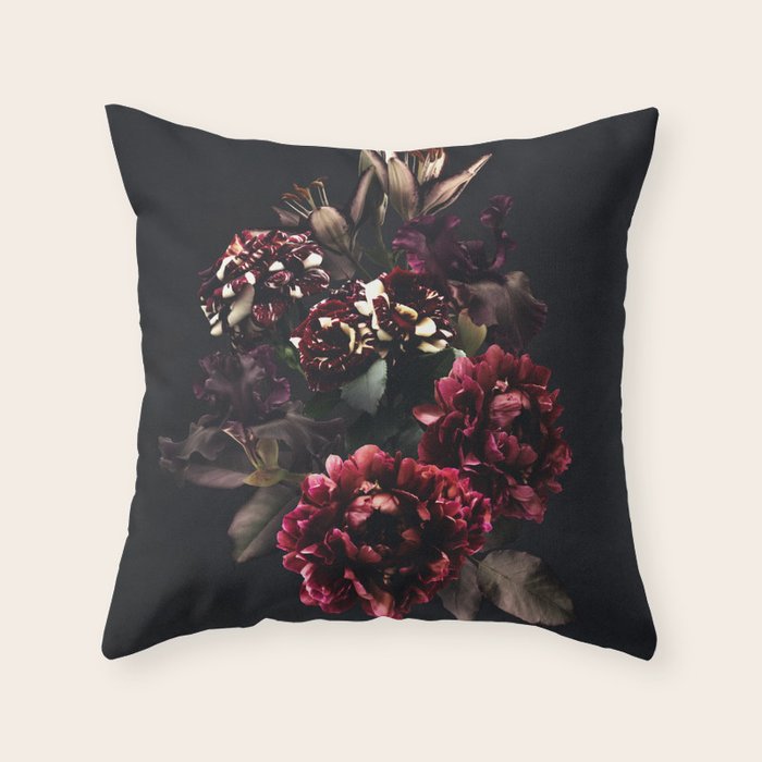 Midnight garden. Vintage bouquet of roses, dark red peony and iris. Throw Pillow Gallery Image 1
