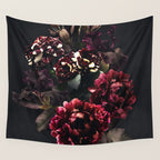 Midnight garden. Vintage bouquet of roses, dark red peony and iris. Wall Tapestry Gallery Image 4