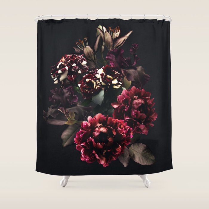 Midnight garden. Vintage bouquet of roses, dark red peony and iris. Shower Curtain Gallery Image 1