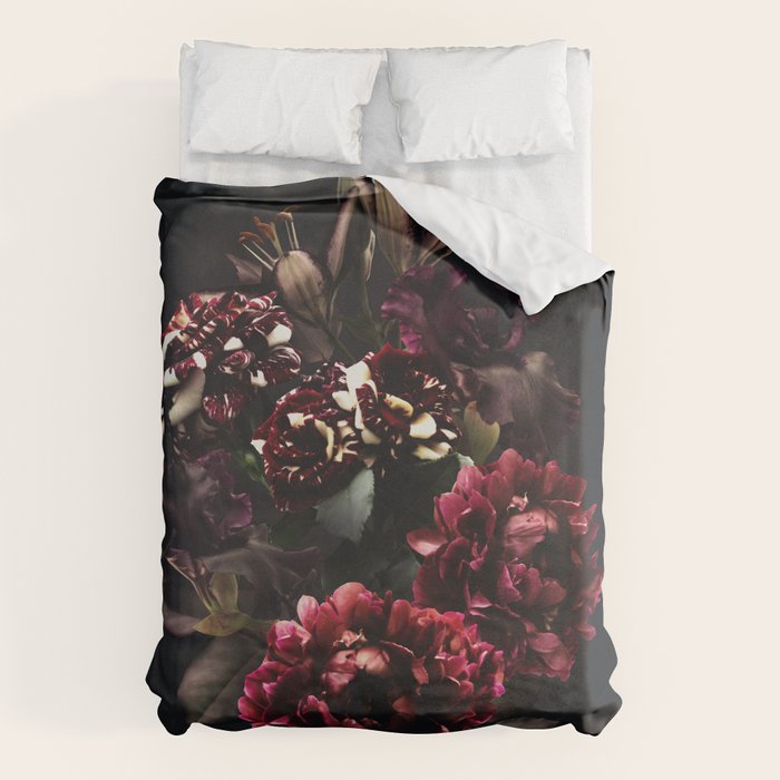 Midnight garden. Vintage bouquet of roses, dark red peony and iris. Duvet Cover Gallery Image 1