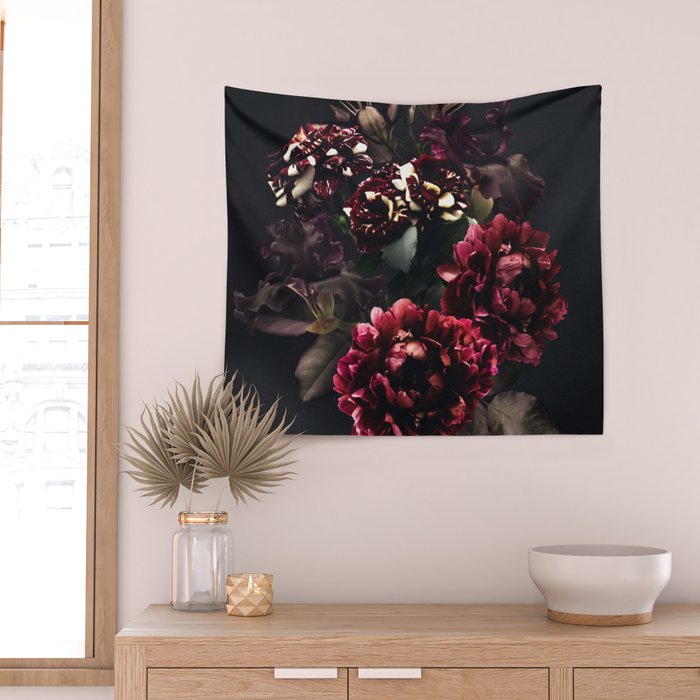 Midnight garden. Vintage bouquet of roses, dark red peony and iris. Wall Tapestry Gallery Image 2