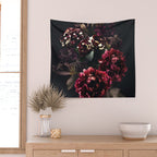 Midnight garden. Vintage bouquet of roses, dark red peony and iris. Wall Tapestry Gallery Image 2