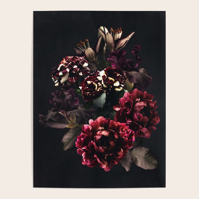 Midnight garden. Vintage bouquet of roses, dark red peony and iris. Poster Gallery Image 2
