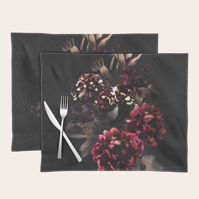 Midnight garden. Vintage bouquet of roses, dark red peony and iris. Placemat Gallery Image 1