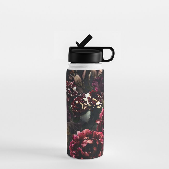 Midnight garden. Vintage bouquet of roses, dark red peony and iris. Water Bottle
