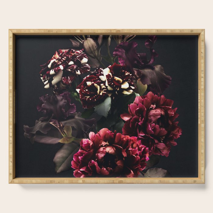 Midnight garden. Vintage bouquet of roses, dark red peony and iris. Serving Tray Gallery Image 1