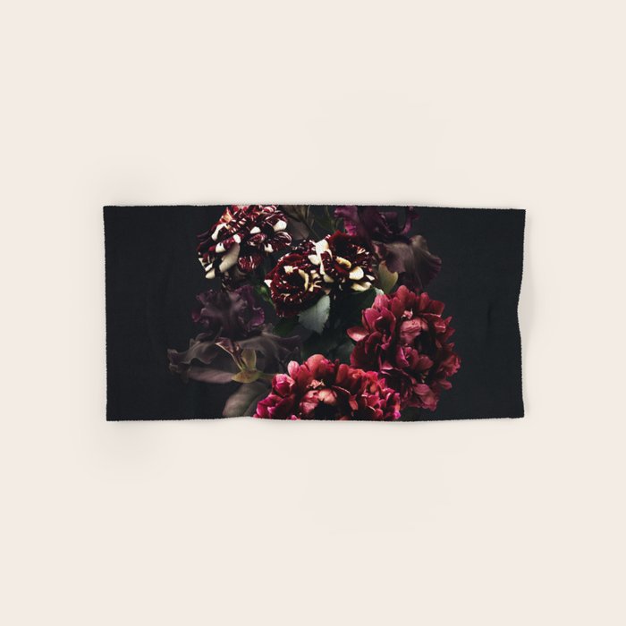 Midnight garden. Vintage bouquet of roses, dark red peony and iris. Bath Towel Gallery Image 1