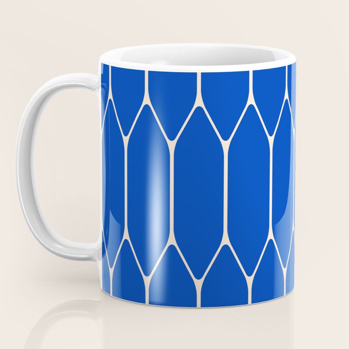 Long Honeycomb Minimalist Geometric Pattern in Bright Blue and Cream  Coffee Mug Gallery Image 3