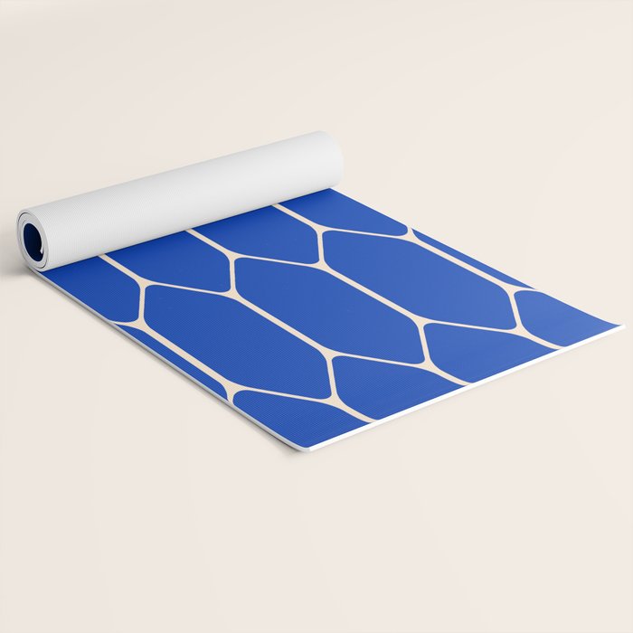 Long Honeycomb Minimalist Geometric Pattern in Bright Blue and Cream  Yoga Mat Gallery Image 2