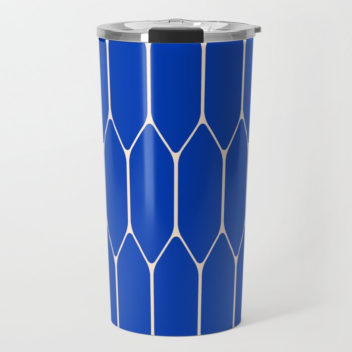 Long Honeycomb Minimalist Geometric Pattern in Bright Blue and Cream  Travel Mug Gallery Image 1