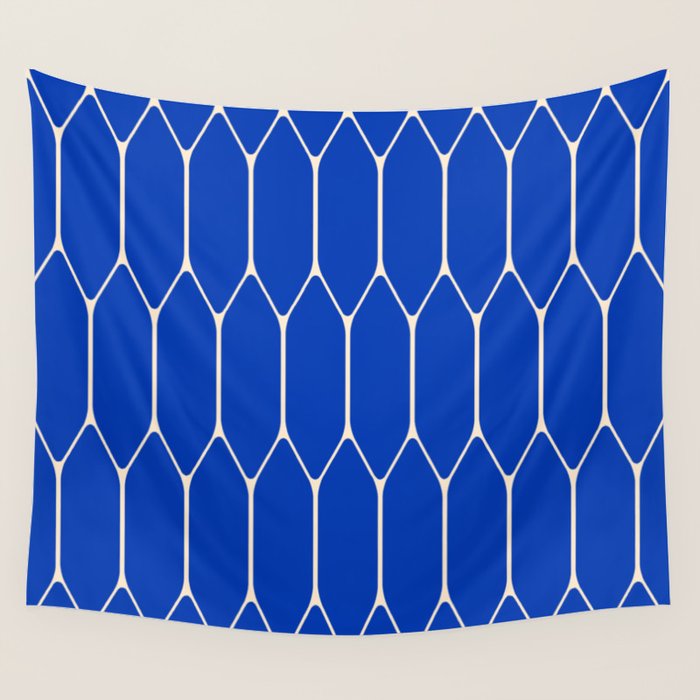 Long Honeycomb Minimalist Geometric Pattern in Bright Blue and Cream  Wall Tapestry Gallery Image 4