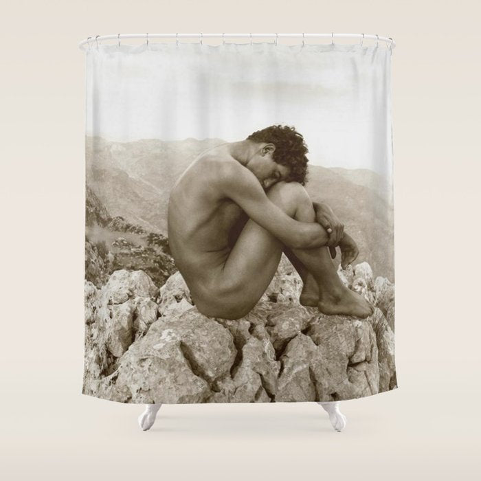 'Caino' Male Nude black and white photograph / black and white photography by Wilhem von Gloeden Shower Curtain Gallery Image 1