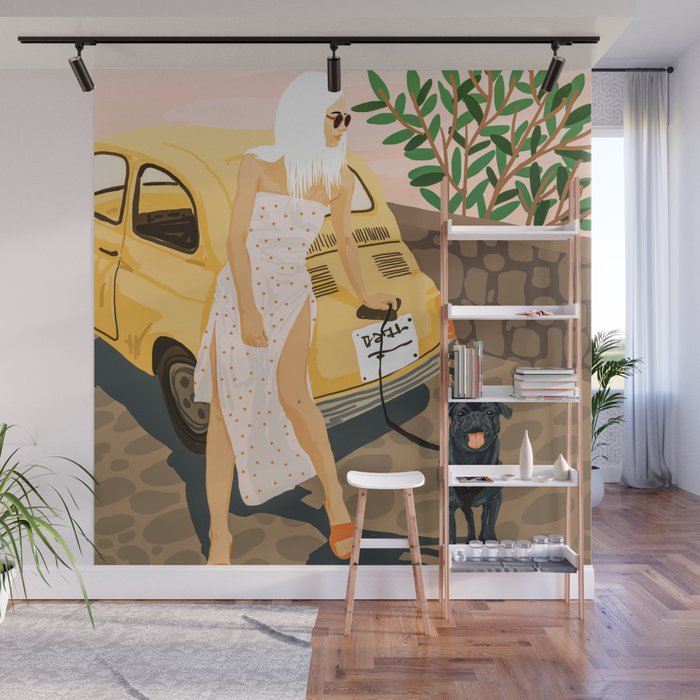 Tour, Pet Dog Walk, Italy Summer Fashion Woman, Animal Illustration, Travel Bohemian Cooper Painting Wall Mural Gallery Image 1