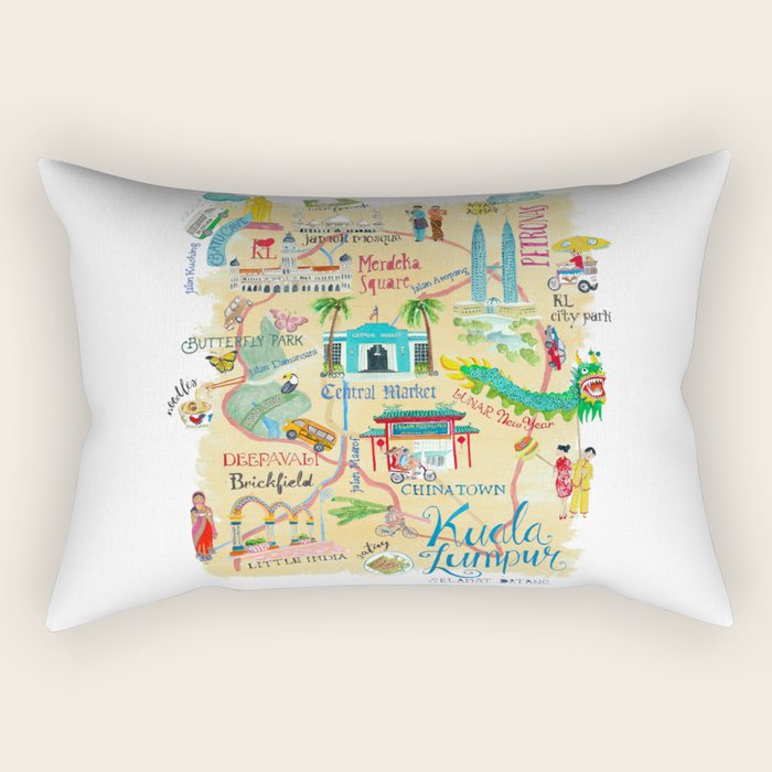 Illustrative map Kuala Lumpur Malaysia travel Rectangular Pillow Gallery Image 1