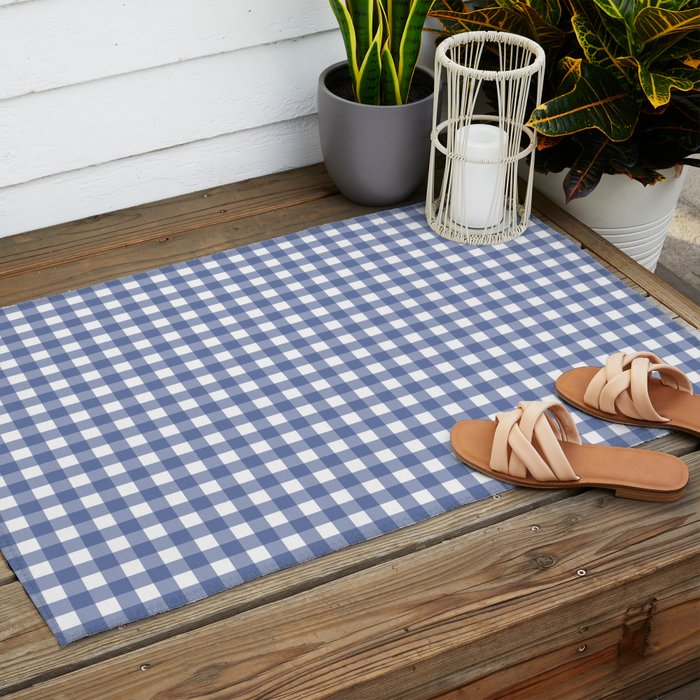 Gingham Check Pattern in Navy Blue and White Outdoor Rug Gallery Image 2