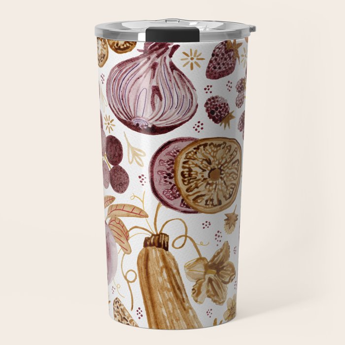 Garden Vegetables & Fresh Fruit in Ochre & Burgundy Travel Mug Gallery Image 1