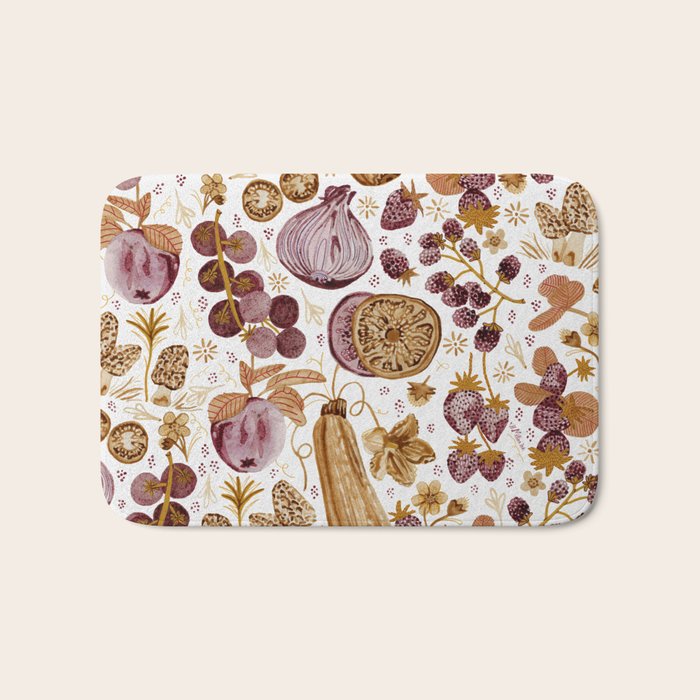 Garden Vegetables & Fresh Fruit in Ochre & Burgundy Bath Mat Gallery Image 1