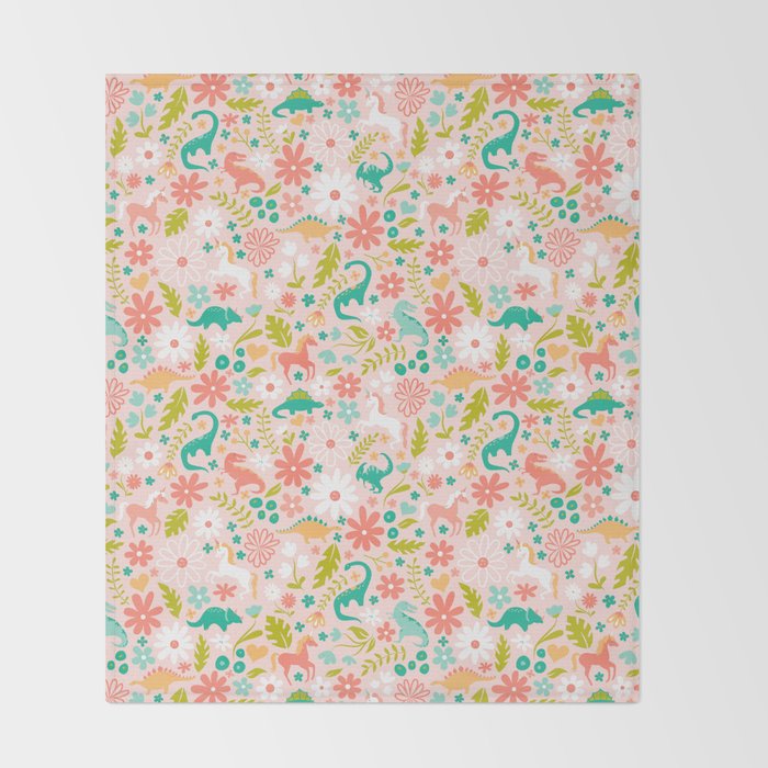 Dinosaurs + Unicorns in Pink + Teal Throw Blanket Gallery Image 2