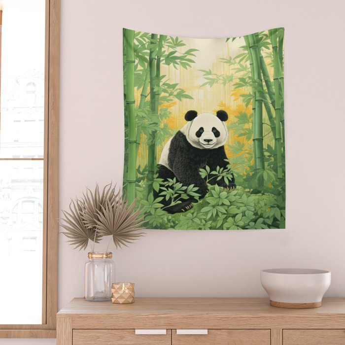 Smiling Panda Among Bamboo Wall Tapestry Gallery Image 2