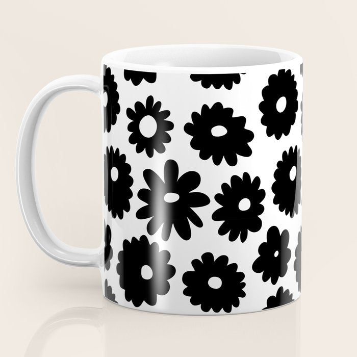 Black and white retro flower art pattern Coffee Mug Gallery Image 3